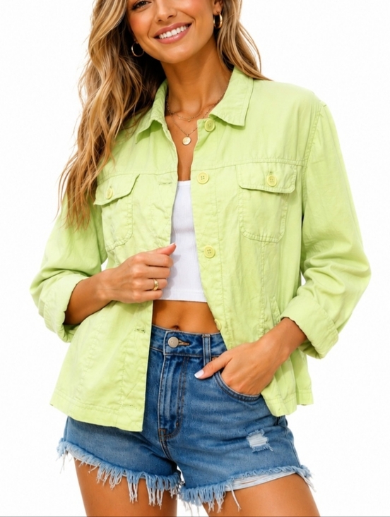 Jackets & Blazers - 100% Linen Jacket Womens Size Large Green Button Front Utility Classic Casual